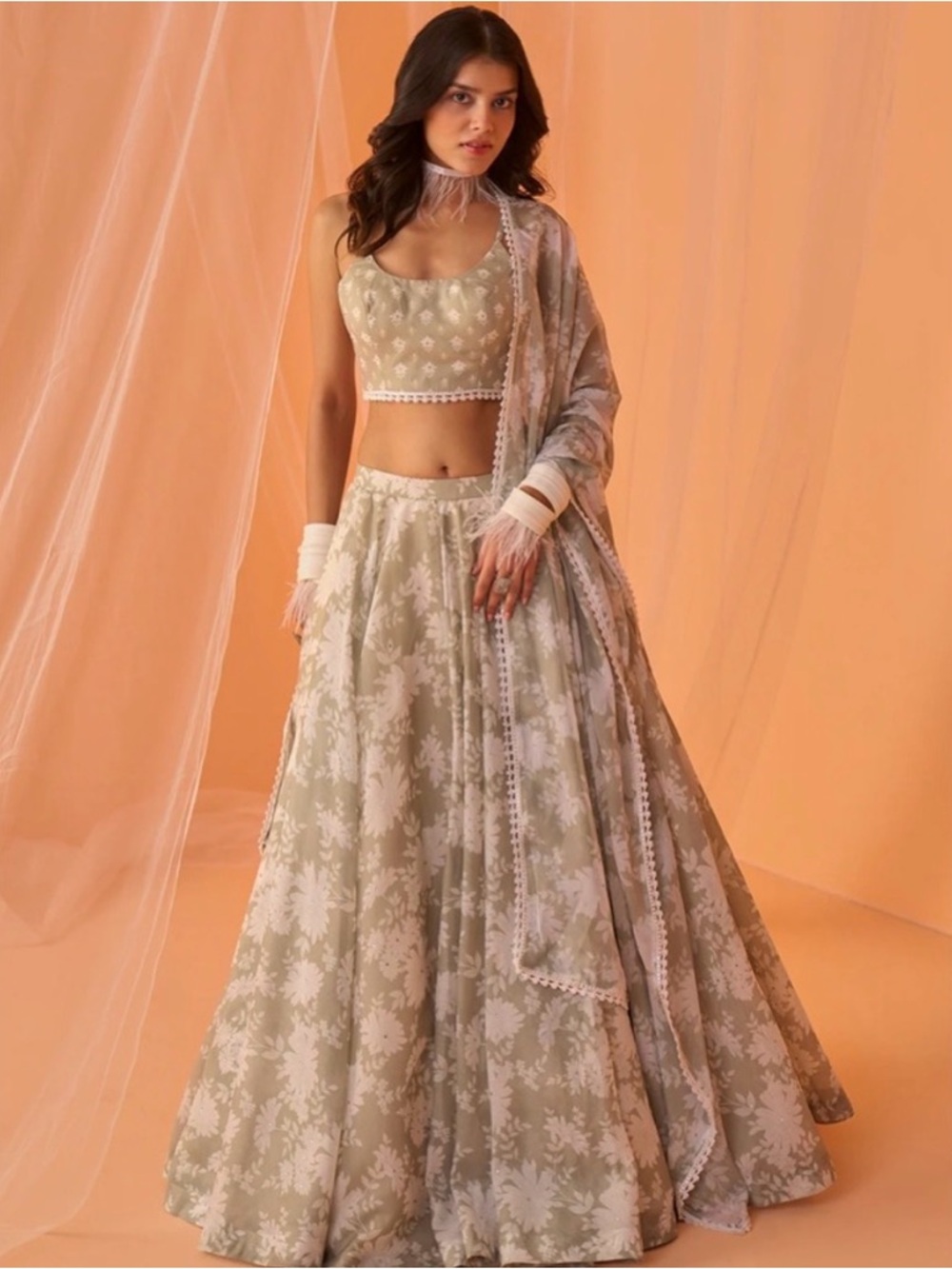 Lashkaraa Light Sage White Floral Printed Lehenga